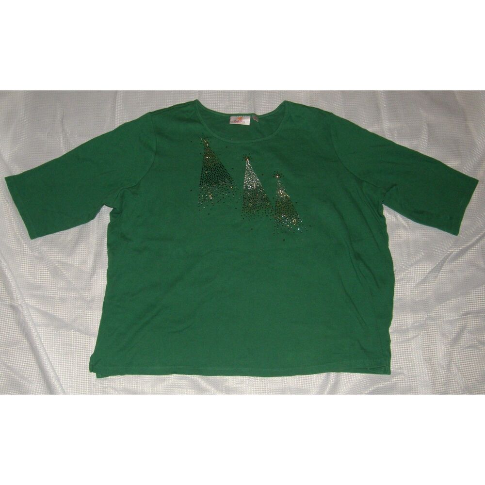 QUACKER FACTORY Green Plus Sz 3X Sparkly Christmas Trees Soft Stretchy Tee Shirt